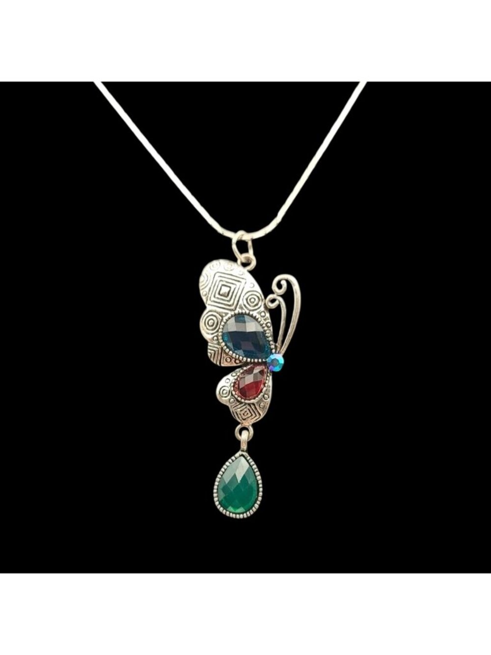 Butterfly Pendant 16" Necklace Silver Tone Engraved Faceted Beaded Spring ADN